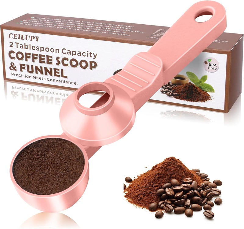 CEILUPY 2-in-1 Coffee Scoop with Funnel, 2 Teaspoon Measuring Spoon for Reusable K Cups, Ground Coffee, Protein Powder & Tea, Mess-Free Plastic Design (Pink) - Image 1